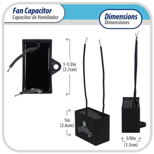 Appli Parts CAP-2-250-2C Condensador Capacitor de ventilador 2 mfd (microfaradios) uf 250VAC con 2 cables compatible con cualquier marca de igual capacitancia 3.7cm Ancho, 1.5cm Prof, 2.6cm Alto