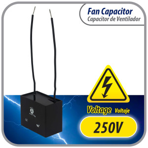 Appli Parts CAP-2-250-2C Condensador Capacitor de ventilador 2 mfd (microfaradios) uf 250VAC con 2 cables compatible con cualquier marca de igual capacitancia 3.7cm Ancho, 1.5cm Prof, 2.6cm Alto