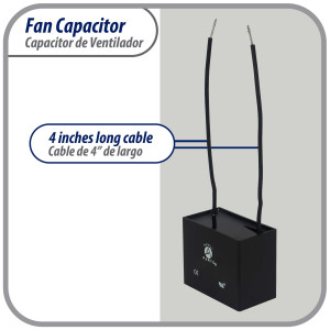 Appli Parts CAP-2-250-2C Condensador Capacitor de ventilador 2 mfd (microfaradios) uf 250VAC con 2 cables compatible con cualquier marca de igual capacitancia 3.7cm Ancho, 1.5cm Prof, 2.6cm Alto