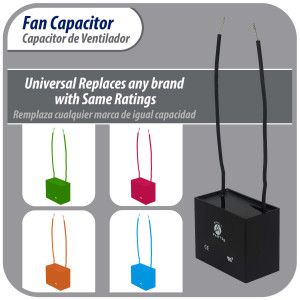 Appli Parts CAP-2-250-2C Condensador Capacitor de ventilador 2 mfd (microfaradios) uf 250VAC con 2 cables compatible con cualquier marca de igual capacitancia 3.7cm Ancho, 1.5cm Prof, 2.6cm Alto