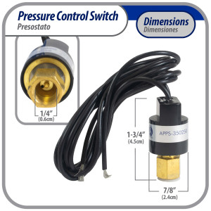 Appli Parts APPS-350250 Valvula Presostato R22 Alta, Abre 350 psi, Cierra 250 psi, 1 m Cable, SPST, 1/4 SAE Hembra, Reset Automatico, remplazo Universal para Aire Acondicionado