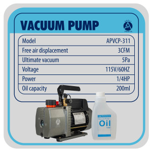 Appli Parts APVCP-311 Bomba de Vacio de 3.0 CFM 1/4 HP 1 etapa 115 V, 60 Hz, para calefaccion, aire acondicionado y sistemas de refrigeracion para aplicaciones domesticas y automotrices  Appli Parts APVCP-311 Bomba de Vacio de 3.0 CFM 1/4 HP 1 etapa 115 V, 60 Hz, para calefaccion, aire acondicionado y sistemas de refrigeracion para aplicaciones domesticas y automotrices