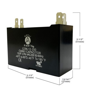 Appli Parts CAP-12-250 Condensador Capacitor de ventilador 12 mfd (microfaradios) uf 250VAC con conectores compatible con cualquier marca de igual capacitancia 5.8 Ancho, 2.2 Profundidad, 4.3 cm Alto
