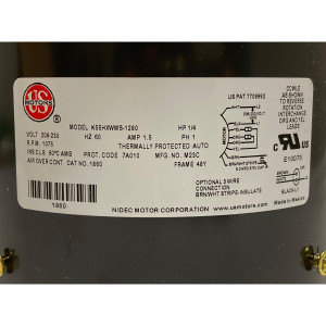 US Motors 1860 Motor para Unidad Condensadora de Aire Acondicionado 1/4HP 1075 rpm, 6 polos, 1 eje, TEAO, 1 velocidad, Reversible, 208-230 V, 60 hz, 1 ph,. No Incluye 5 mfd/370 VAC, K055WMS1280012B
