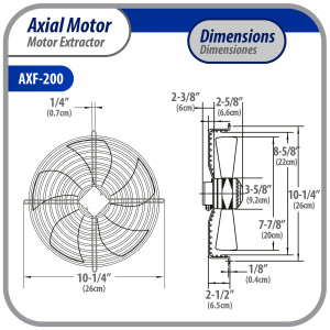 Appli Parts AXF-200 Extractor Axial 200 mm (7-7/8 pulg) 220 V, 1 ph, 50-60 Hz, 40 W, 1600 rpm, Rango Temperatura -30 C a 60 C, incluye aspa y base tipo jaula