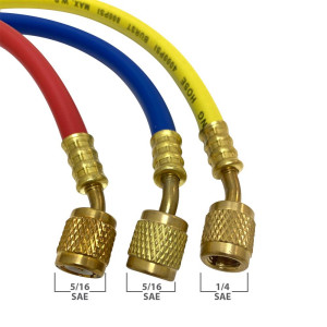 Appli Parts APMG-H36840 90 cm Largo 1/4 in SAE x 5/16 in SAE Mangueras Roja/Azul, 1/4 x 1/4 in SAE Amarilla, Rango de presion 800-4000 psi, para Sistemas con Refrigerante R410