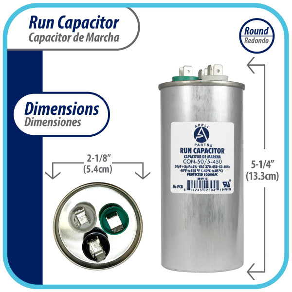 Appli Parts Condensador Capacitor de Marcha 50+5 Mfd uF (microfaradios) 370VAC o 450VAC CBB65 Universal Aire acondicionado y otras aplicaciones Redondo UL E476928 13.3cm Alto 5.4cm Ancho CON-20/5-450
 Appli Parts Condensador Capacitor de Marcha 50+5 Mfd uF (microfaradios) 370VAC o 450VAC CBB65 Universal Aire acondicionado y otras aplicaciones Redondo UL E476928 13.3cm Alto 5.4cm Ancho CON-20/5-450