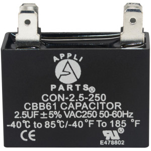 Appli Parts CAP-2.5-250 Condensador Capacitor de ventilador 2.5 mfd (microfaradios) uf 250VAC con 2 conectores compatible con cualquier marca de igual capacitancia 3.7 Ancho, 1.5 Profundidad, 3.4 cm