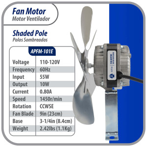 Appli Parts APFM-101E Motor Ventilador Condensador y Evaporador 10W 115V 60Hz 0.65A, Incluye Aspa de Aluminio de 9in y Base de Montaje, Repuesto Universal para Equipos de Refrigeracion Comercial Appli Parts APFM-101E Motor Ventilador Condensador y Evaporador 10W 115V 60Hz 0.65A, Incluye Aspa de Aluminio de 9in y Base de Montaje, Repuesto Universal para Equipos de Refrigeracion Comercial