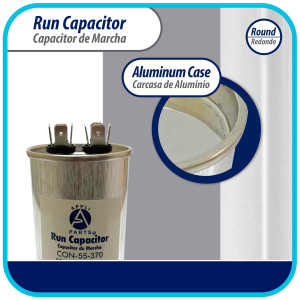 Appli Parts Condensador Capacitor de Marcha 55 Mfd uF (microfaradios) 370VAC CBB65 Universal Aire acondicionado y otras aplicaciones Redondo UL E476928 12cm Alto 5.1cm Ancho CON-55-370-R