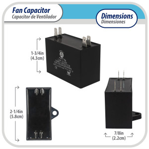 Appli Parts CAP-15-250 Condensador Capacitor de ventilador 15 mfd microfaradios uf 250VAC con conectores compatible con cualquier marca de igual capacitancia 5.8cm Ancho 2.2cm Profundidad 4.3cm Alto