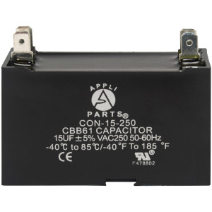 Appli Parts CAP-15-250 Condensador Capacitor de ventilador 15 mfd microfaradios uf 250VAC con conectores compatible con cualquier marca de igual capacitancia 5.8cm Ancho 2.2cm Profundidad 4.3cm Alto