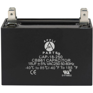 Appli Parts CAP-18-250 Condensador Capacitor de ventilador 18 mfd (microfaradios) uf 250VAC con conectores compatible con cualquier marca de igual capacitancia 5.8 Ancho, 2.2 Profundidad, 4.6 cm Alto